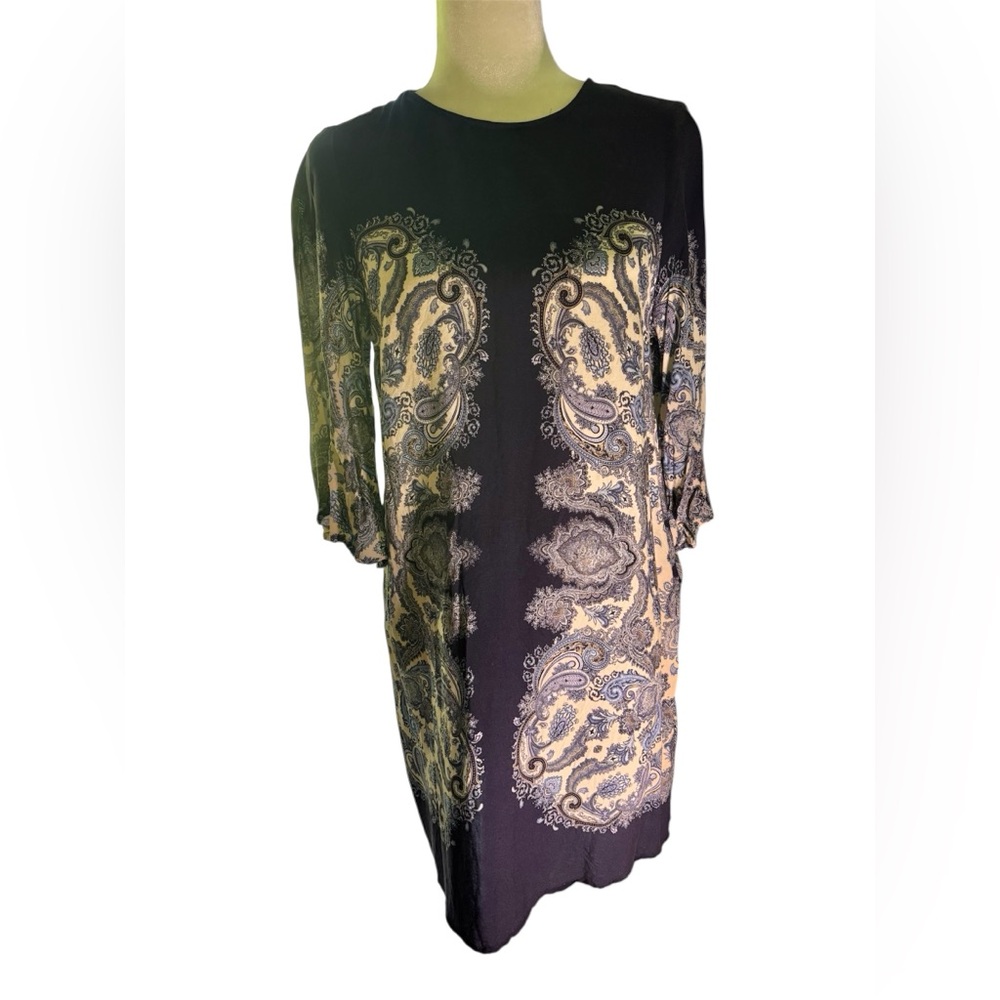 Boho Paisley Shift Dress | Navy & Cream Printed Elbow Sleeve Tunic Dress